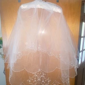 Beautiful wedding veil, has detail all long the edges of the veil.